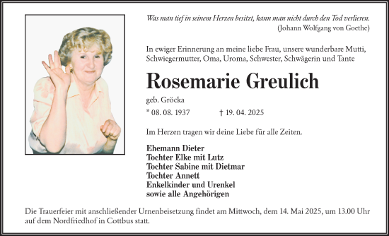 Traueranzeige von Rosemarie Greulich von Lausitzer Rundschau