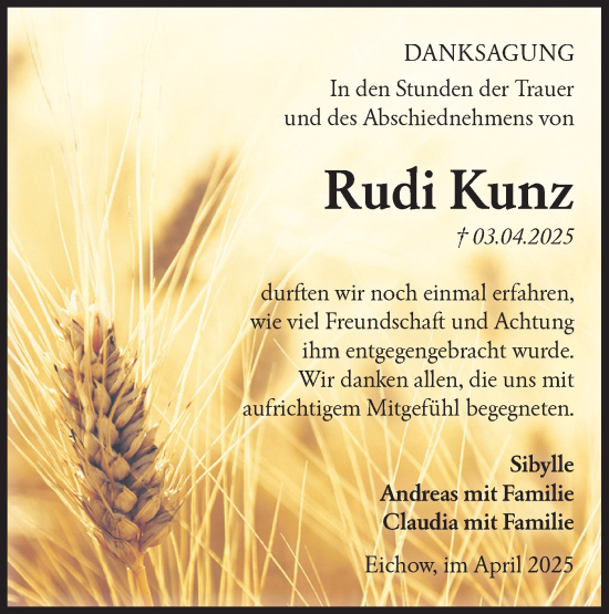 Traueranzeige von Rudi Kunz von Lausitzer Rundschau