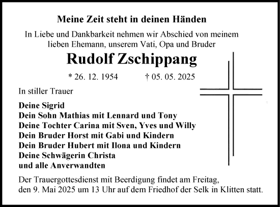 Traueranzeige von Rudolf Zschippang von Lausitzer Rundschau