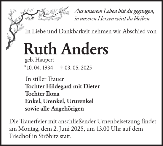 Traueranzeige von Ruth Anders von Lausitzer Rundschau