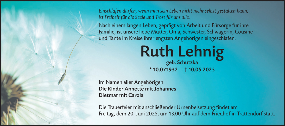  Traueranzeige für Ruth Lehnig vom 24.05.2025 aus Lausitzer Rundschau