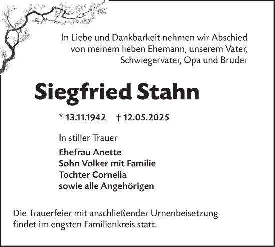 Traueranzeige von Siegfried Stahn von Lausitzer Rundschau