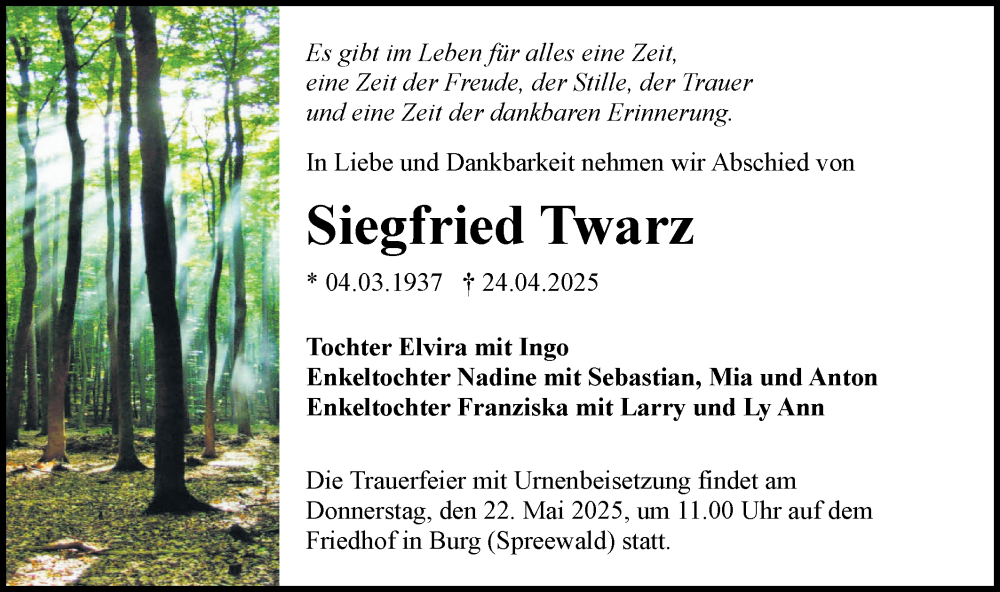  Traueranzeige für Siegfried Twarz vom 10.05.2025 aus Lausitzer Rundschau