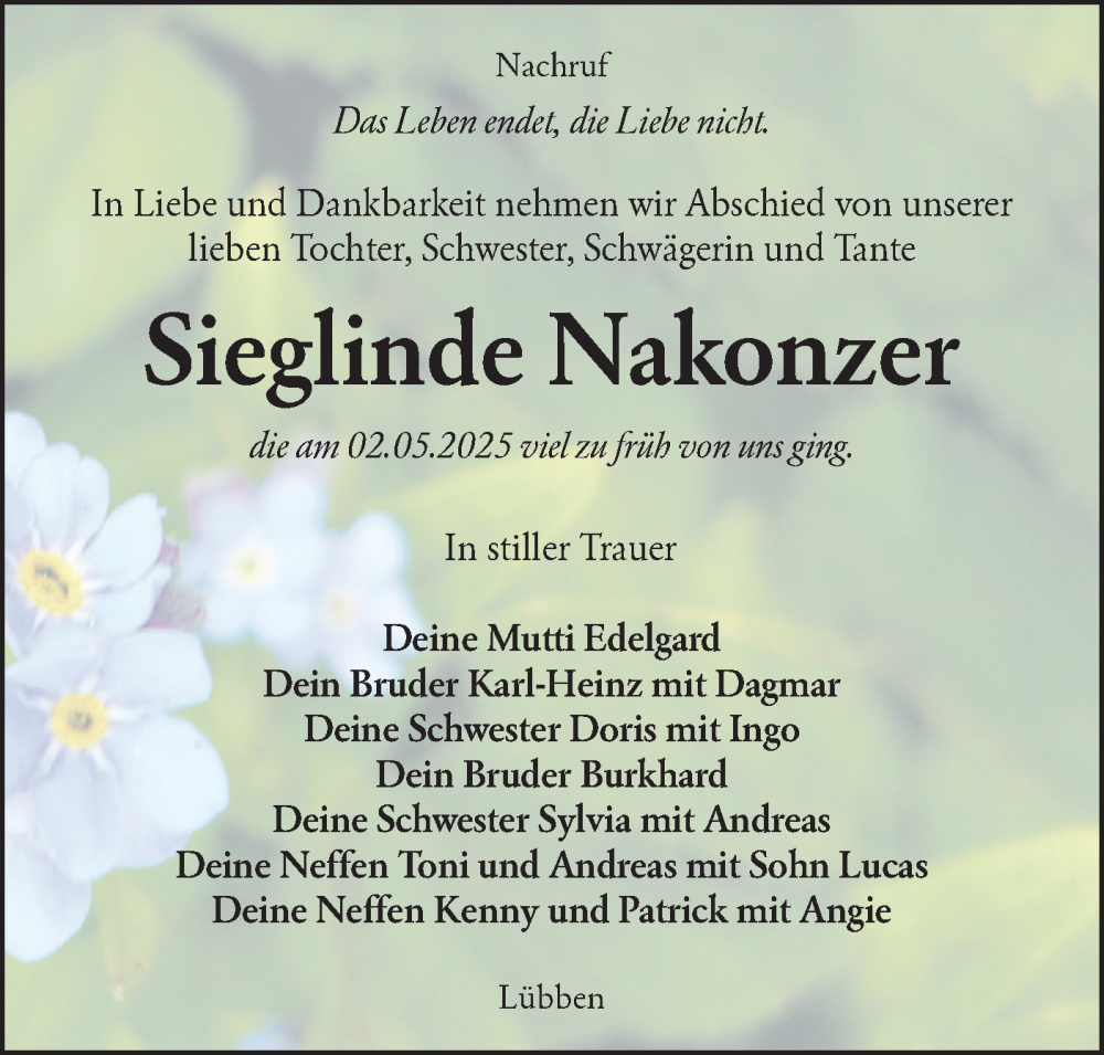 Traueranzeige für Sieglinde Nakonzer vom 31.05.2025 aus Lausitzer Rundschau