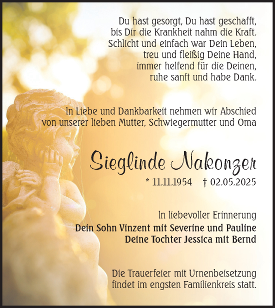 Traueranzeige von Sieglinde Nakonzer von Lausitzer Rundschau