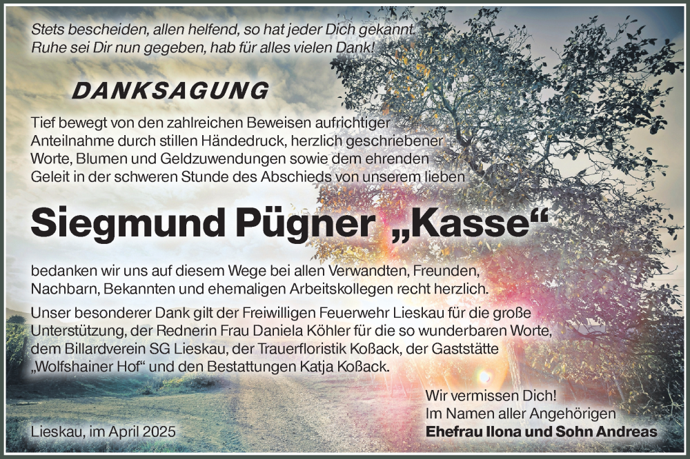  Traueranzeige für Siegmund Pügner vom 03.05.2025 aus Lausitzer Rundschau