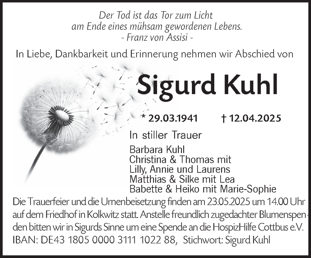  Traueranzeige für Sigurd Kuhl vom 03.05.2025 aus Lausitzer Rundschau