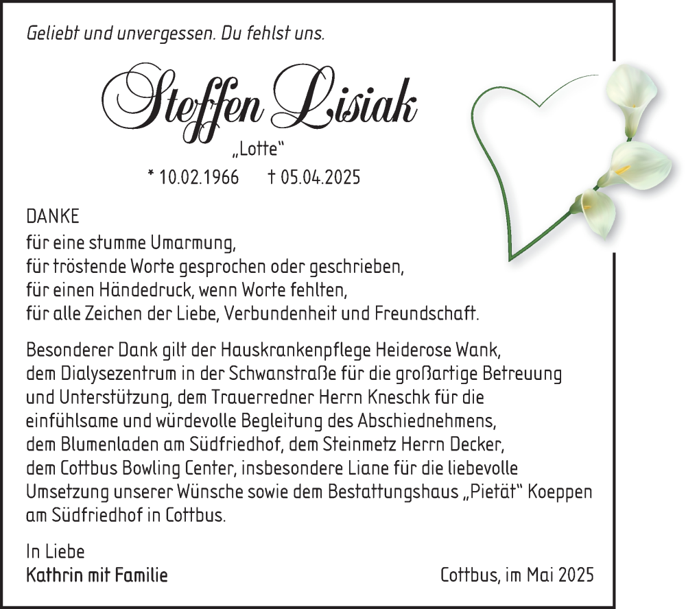 Traueranzeige für Steffen Lisiak vom 31.05.2025 aus Lausitzer Rundschau
