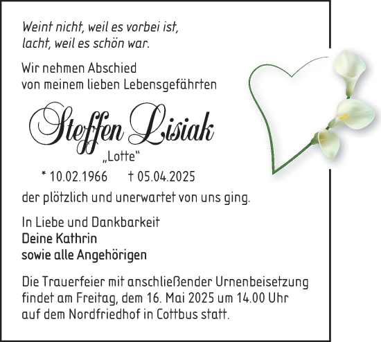 Traueranzeige von Steffen Lisiak von Lausitzer Rundschau