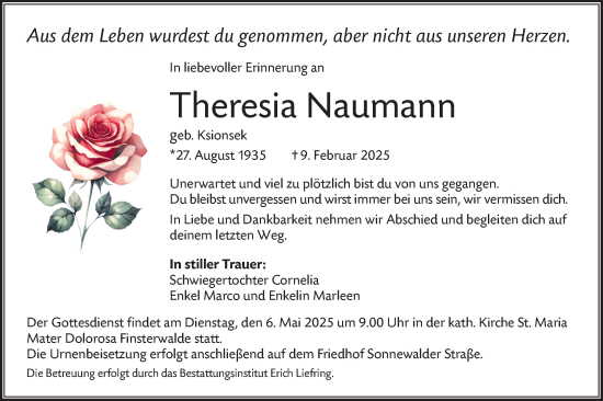 Traueranzeige von Theresia Naumann von Lausitzer Rundschau