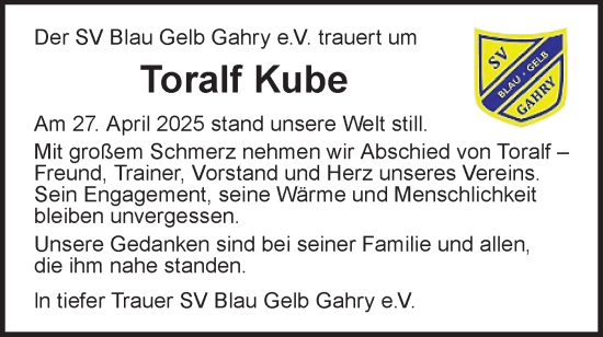 Traueranzeige von Toralf Kube von Lausitzer Rundschau