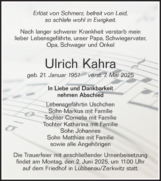 Traueranzeige von Ulrich Kahra von Lausitzer Rundschau
