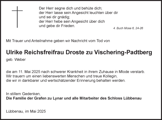 Traueranzeige von Ulrike Reichsfreifrau Droste zu Vischering-Padtberg von Lausitzer Rundschau