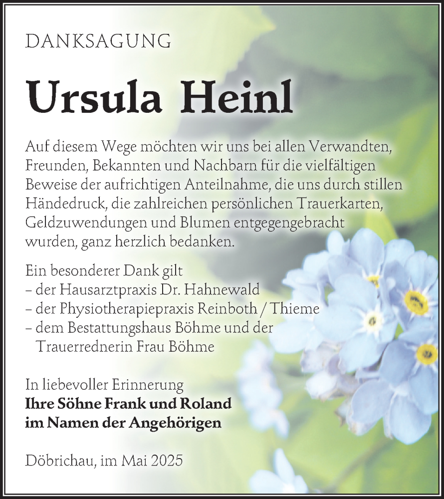  Traueranzeige für Ursula Heinl vom 10.05.2025 aus Lausitzer Rundschau