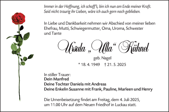 Traueranzeige von Ursula Kühnel von Lausitzer Rundschau