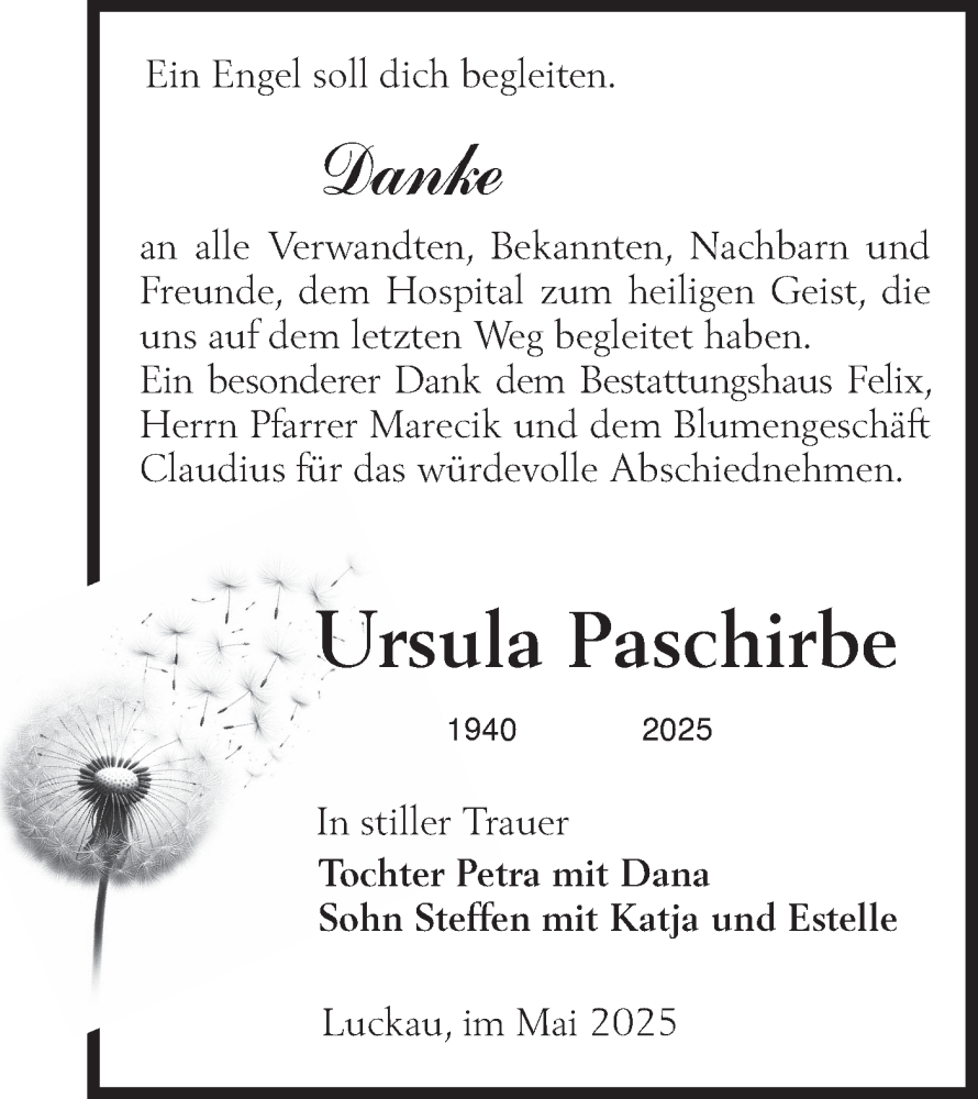  Traueranzeige für Ursula Paschirbe vom 31.05.2025 aus Lausitzer Rundschau