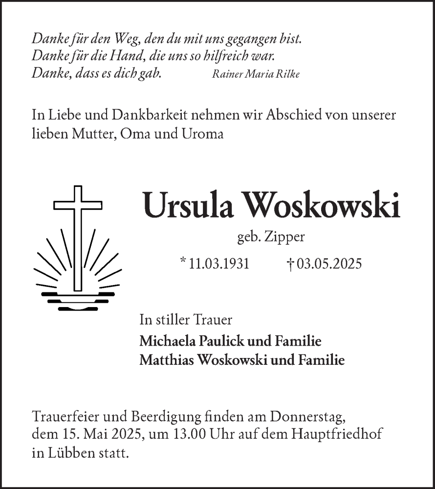  Traueranzeige für Ursula Woskowski vom 10.05.2025 aus Lausitzer Rundschau