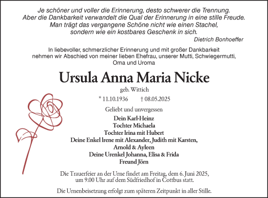 Traueranzeige von Ursula Anna Maria Nicke von Lausitzer Rundschau