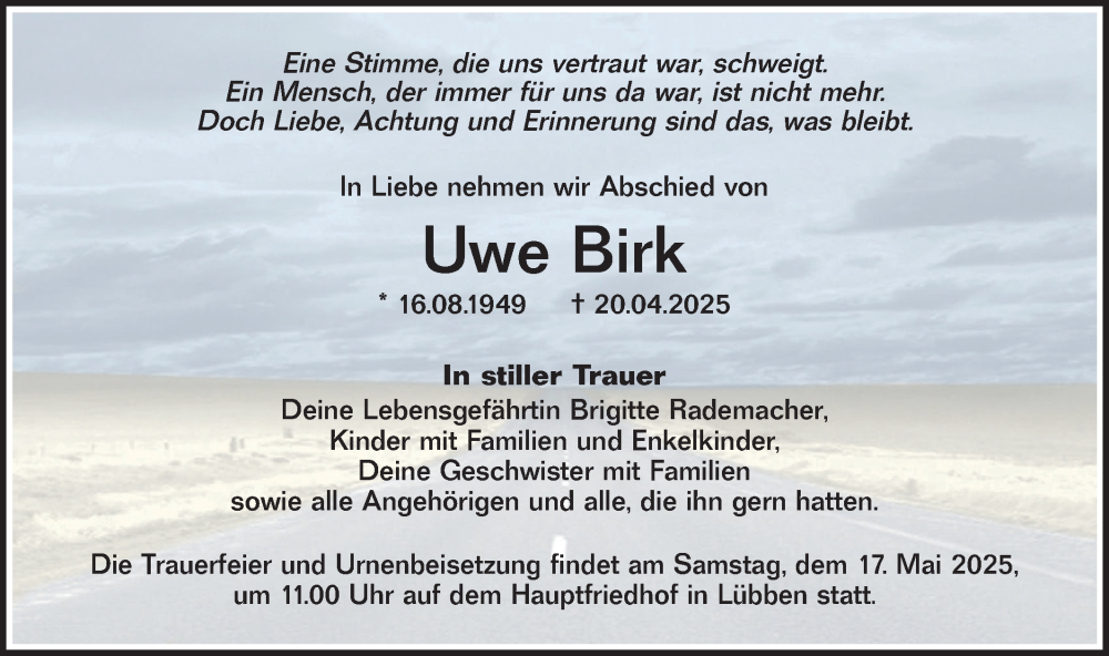  Traueranzeige für Uwe Birk vom 10.05.2025 aus Lausitzer Rundschau
