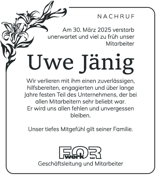Traueranzeige von Uwe Jänig von Lausitzer Rundschau