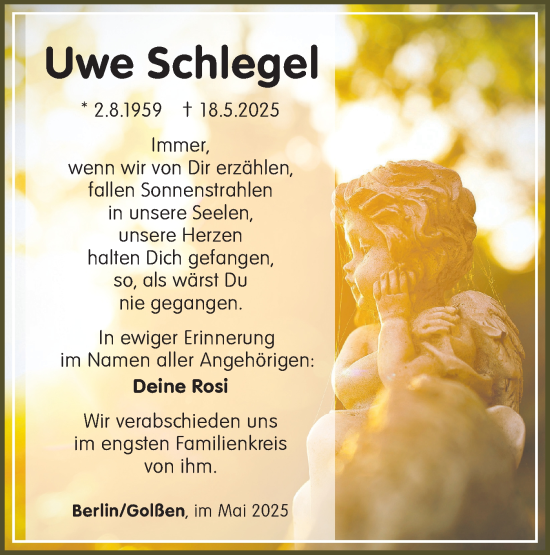 Traueranzeige von Uwe Schlegel von Lausitzer Rundschau
