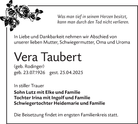 Traueranzeige von Vera Taubert von Lausitzer Rundschau