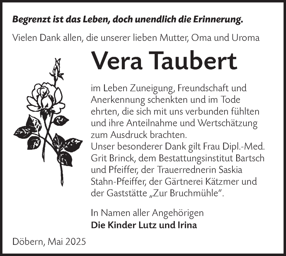  Traueranzeige für Vera Taubert vom 31.05.2025 aus Lausitzer Rundschau