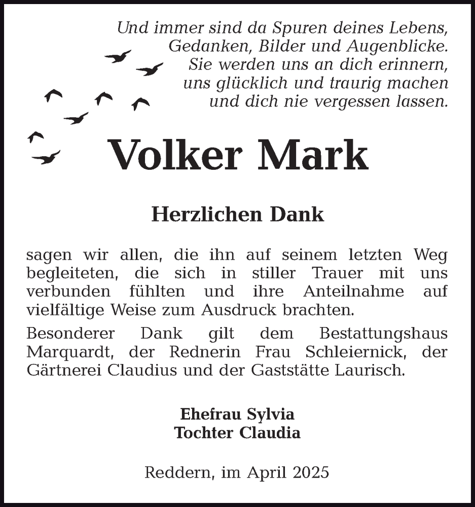  Traueranzeige für Volker Mark vom 03.05.2025 aus Lausitzer Rundschau