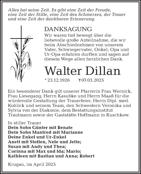 Traueranzeige von Walter Dillan von Lausitzer Rundschau