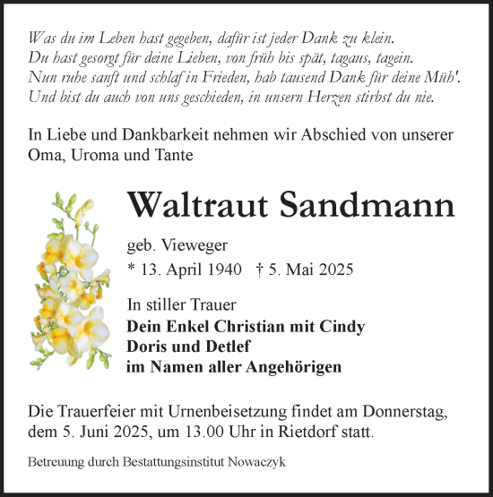 Traueranzeige von Waltraut Sandmann von Lausitzer Rundschau