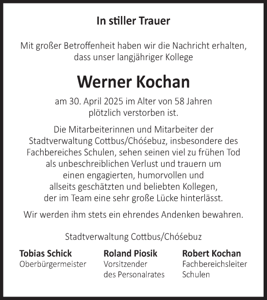 Traueranzeige von Werner Kochan von Lausitzer Rundschau