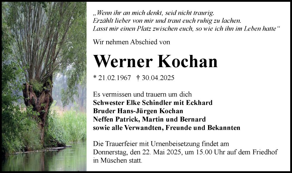  Traueranzeige für Werner Kochan vom 17.05.2025 aus Lausitzer Rundschau
