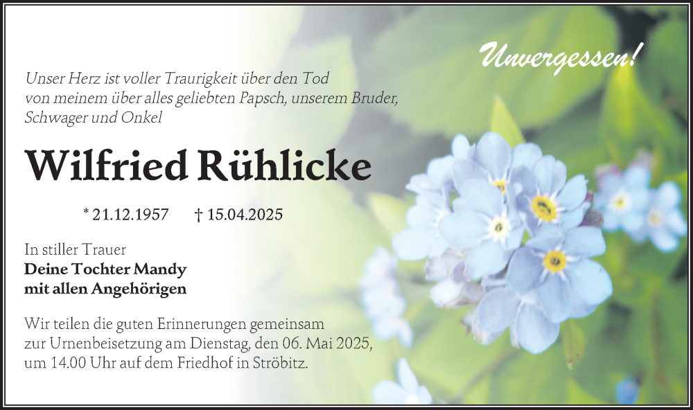  Traueranzeige für Wilfried Rühlicke vom 03.05.2025 aus Lausitzer Rundschau