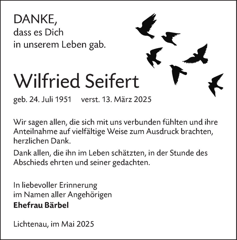  Traueranzeige für Wilfried Seifert vom 10.05.2025 aus Lausitzer Rundschau