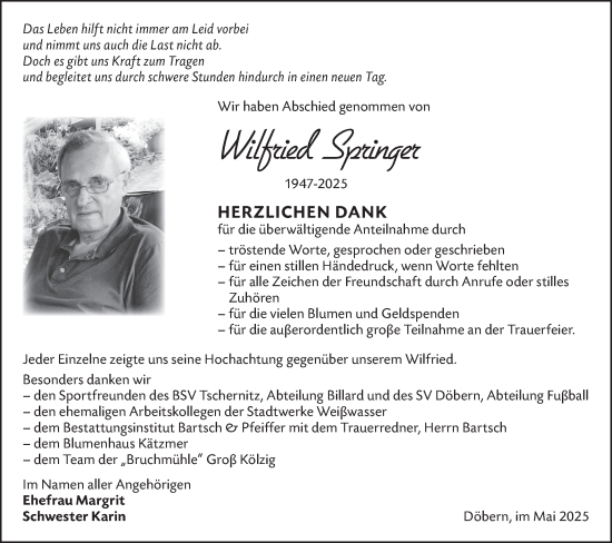 Traueranzeige von Wilfried Springer von Lausitzer Rundschau