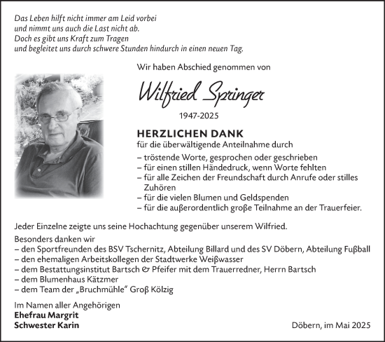 Traueranzeige von Wilfried Springer von Lausitzer Rundschau