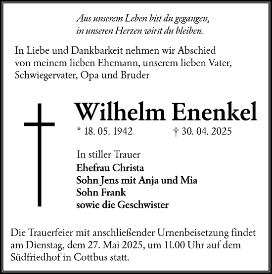 Traueranzeige von Wilhelm Enenkel von Lausitzer Rundschau