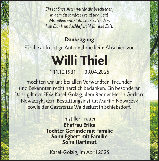 Traueranzeige von Willi Thiel von Lausitzer Rundschau