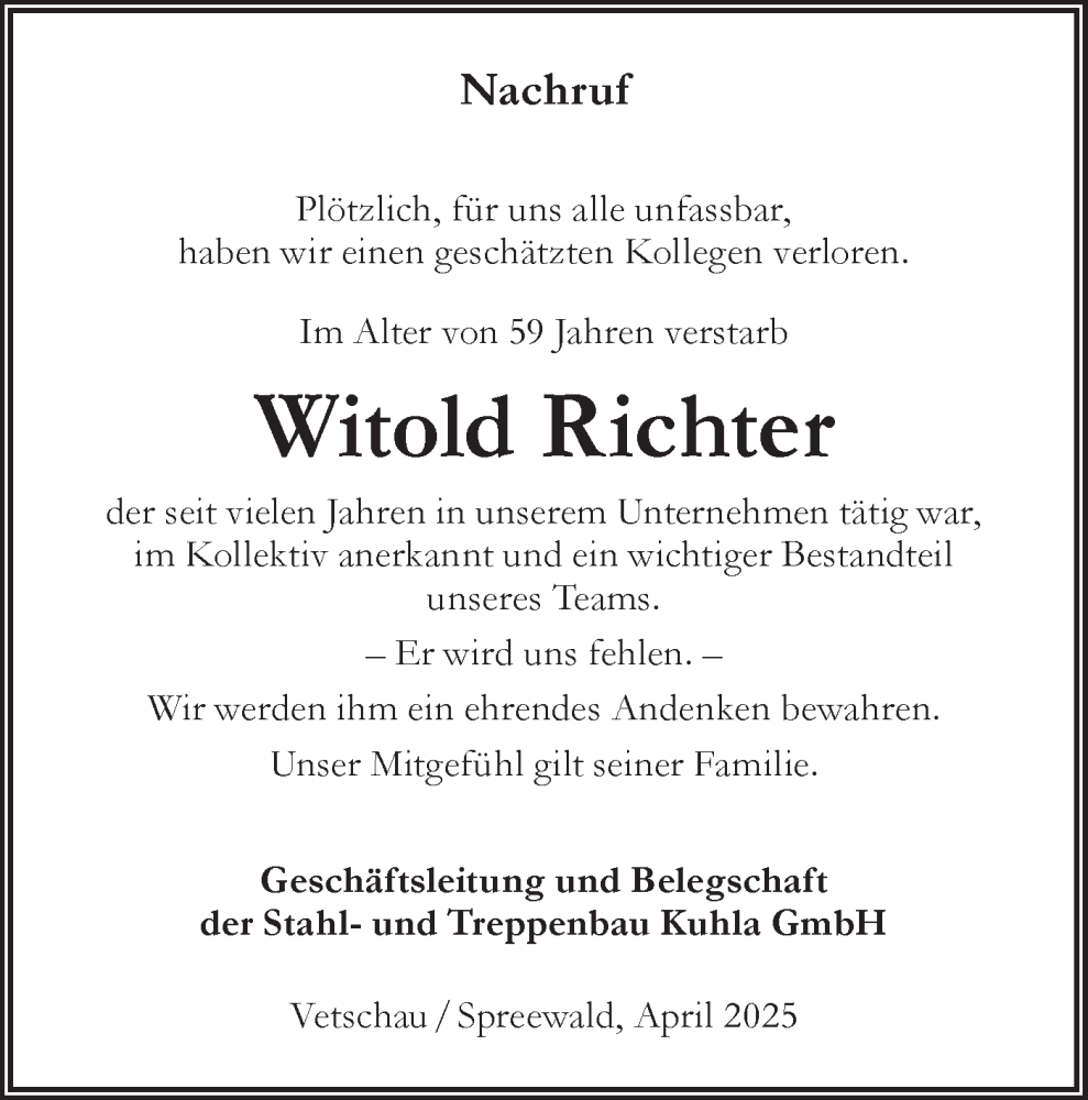  Traueranzeige für Witold Richter vom 03.05.2025 aus Lausitzer Rundschau