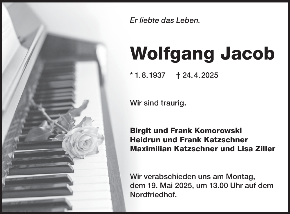  Traueranzeige für Wolfgang Jacob vom 03.05.2025 aus Lausitzer Rundschau