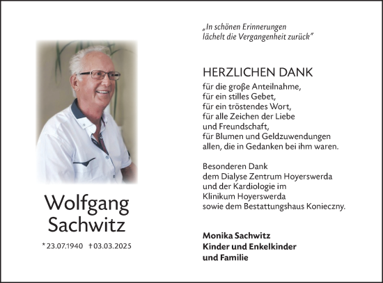 Traueranzeige von Wolfgang Sachwitz von Lausitzer Rundschau