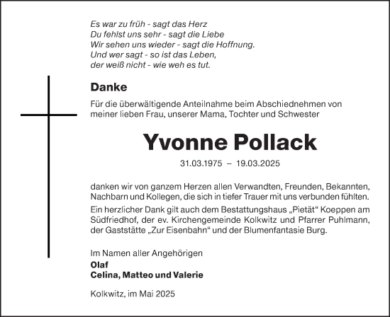 Traueranzeige von Yvonne Pollack von Lausitzer Rundschau