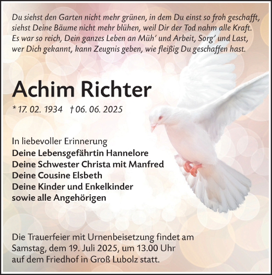 Traueranzeige von Achim Richter von Lausitzer Rundschau