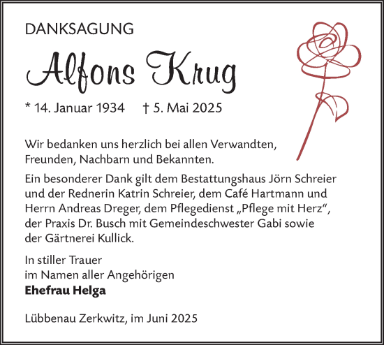 Traueranzeige von Alfons Krug von Lausitzer Rundschau