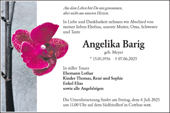 Traueranzeige von Angelika Barig von Lausitzer Rundschau