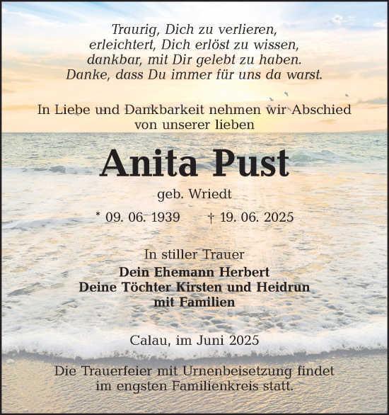 Traueranzeige von Anita Pust von Lausitzer Rundschau