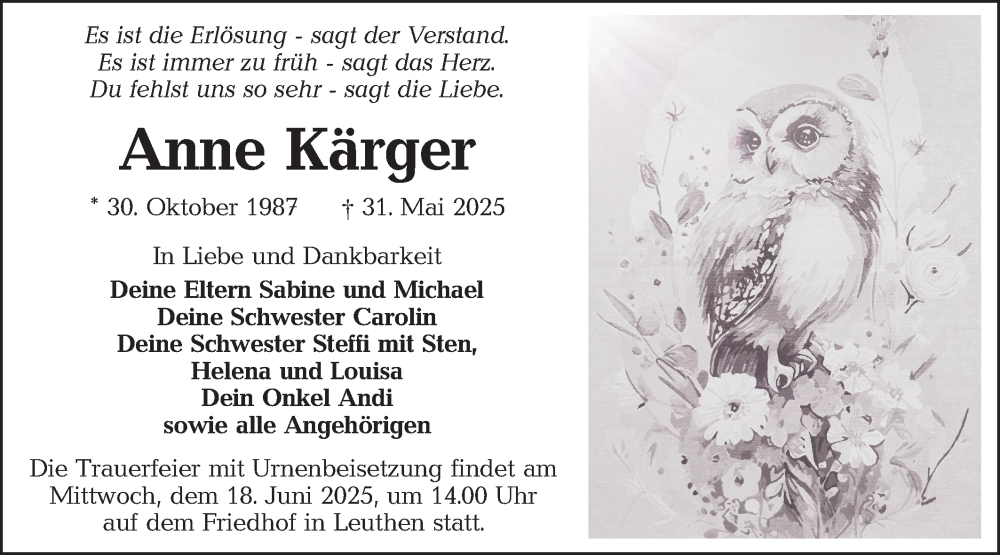  Traueranzeige für Anne Kärger vom 07.06.2025 aus Lausitzer Rundschau