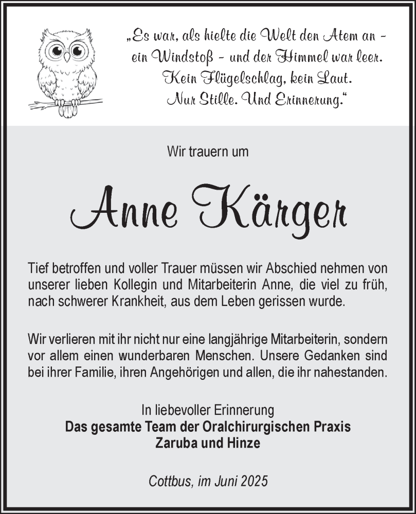  Traueranzeige für Anne Kärger vom 07.06.2025 aus Lausitzer Rundschau