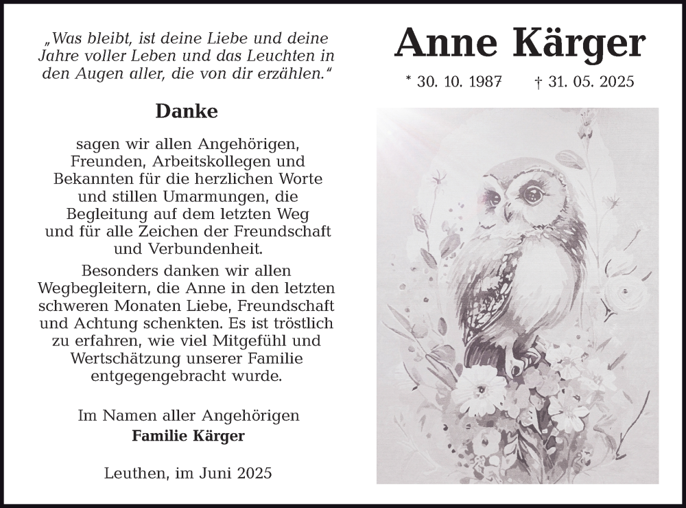  Traueranzeige für Anne Kärger vom 28.06.2025 aus Lausitzer Rundschau