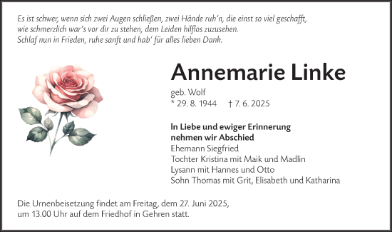 Traueranzeige von Annemarie Linke von Lausitzer Rundschau